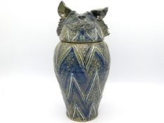 A large Jennie Hale studio pottery jar & cover modelled as a cat, 11.375in tall
