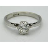 A 1920s platinum cushion cut diamond solitaire ring of approx. 1ct, diamond size 5.85mm x 5.5mm x 4m