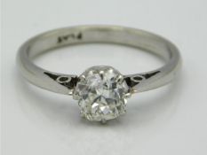 A 1920s platinum cushion cut diamond solitaire ring of approx. 1ct, diamond size 5.85mm x 5.5mm x 4m