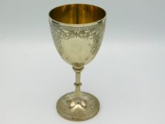 A Victorian 1865 London silver wine goblet by Samuel Smith & Son Ltd. with gilded bowl, 6.25in tall