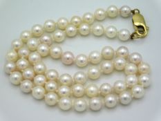 A cultured pearl necklace with 9ct gold clasp, 18in long, 28.4g