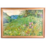 Mary Martin (b.1951), framed oil on panel titled "Field Of Flowers", image size 29.75in x 19.5in