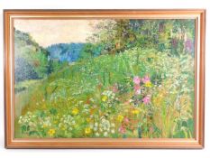 Mary Martin (b.1951), framed oil on panel titled "Field Of Flowers", image size 29.75in x 19.5in