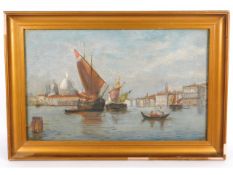 A gilt framed Venetian oil painting, some cracking to oil, image size 15.5in x 9.5in