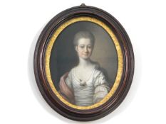Hugh Hamilton (1739-1808), a miniature oil portrait of a lady wearing satin dress & rose set within