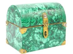 A continental malachite domed box with brass fittings, 5.875in wide x 5.875in high x 4in deep, some