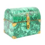 A continental malachite domed box with brass fittings, 5.875in wide x 5.875in high x 4in deep, some