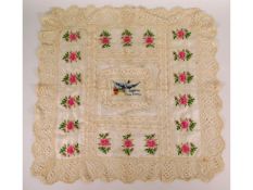 A WW1 sweetheart embroidered lace & silk work from "Souvenir from France", 23.5in x 22.5in