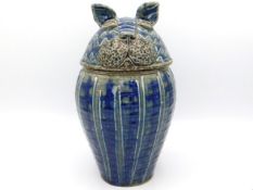 A large Jennie Hale studio pottery jar & cover modelled as a cat, 10in tall