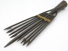 An antique iron & brass nine tine eel gleave, 14.75in