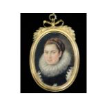 A 17thC. Flemish miniature oil portrait of lady on white metal panel, wearing lace ruffle & black dr