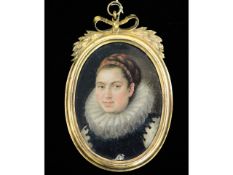 A 17thC. Flemish miniature oil portrait of lady on white metal panel, wearing lace ruffle & black dr