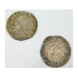 An Edward I 1D silver coin twinned with an Elizabeth I 1575 silver 3D coin