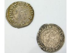 An Edward I 1D silver coin twinned with an Elizabeth I 1575 silver 3D coin