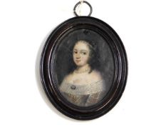 Nicholas Dixon (1645-1708), oil on copper miniature portrait of lady wearing lace trimmed brocade dr