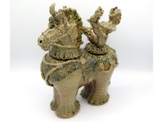 A large Jennie Hale studio pottery jar & cover modelled as horse with rider legs apart, some minor l