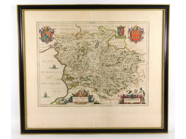 A 17thC. framed map of Montgomeryshire in Wales by Jan Janszoon, 26.5in x 23in including frame