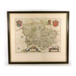 A 17thC. framed map of Montgomeryshire in Wales by Jan Janszoon, 26.5in x 23in including frame