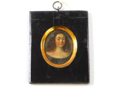 A c.17th/18thC. Spanish miniature oil portrait of young woman on heart shaped tin panel, framed. Ima