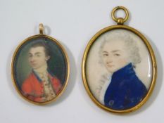 A portrait of gentleman in blue coat with powdered hair set within a gilt frame, image size 43mm x 3