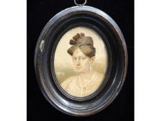 A 19thC. sepia miniature portrait of lady wearing "grand tour" jewellery & head scarf. Image size 84