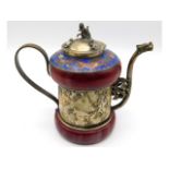 A Chinese tea pot decorated with monkey & frogs with cloisonne decor to top, 4in high