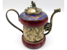 A Chinese tea pot decorated with monkey & frogs with cloisonne decor to top, 4in high