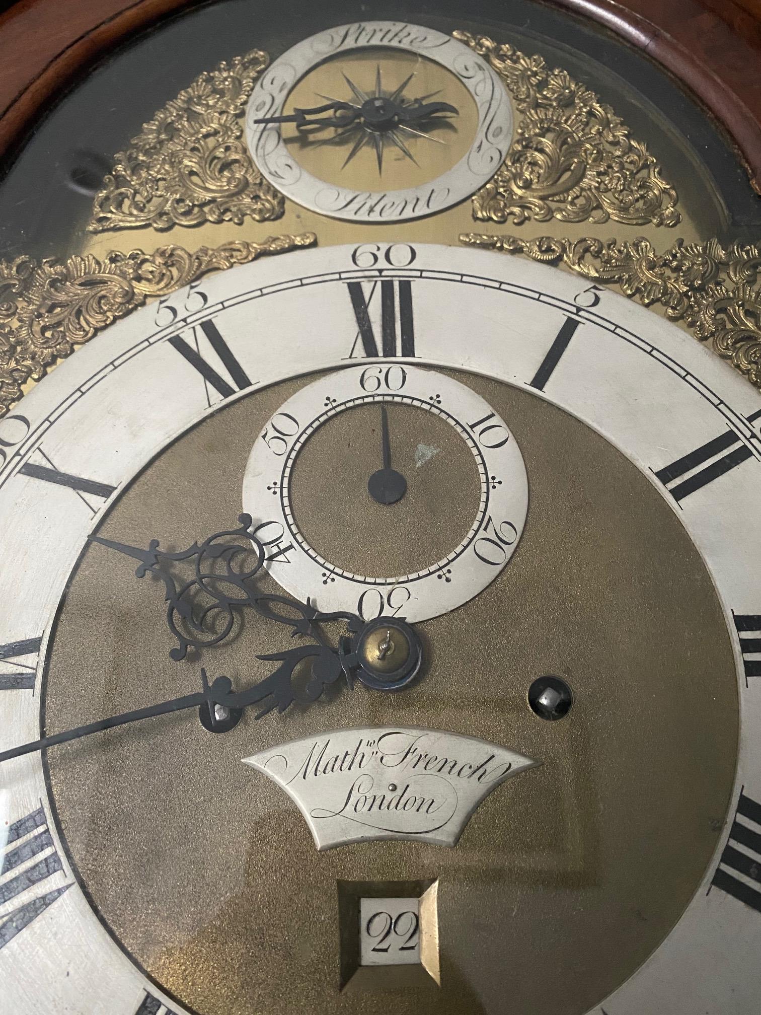 A c.1800 Matthew French, London, mahogany long case clock with brass & silvered dial, 93in tall - Image 5 of 5