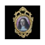 A gilt framed 17thC. Dutch school miniature oil portrait of gentleman with long hair & lilac backgro