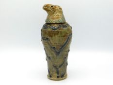 A Jennie Hale studio pottery jar & cover modelled as a bird of prey, 7.875in tall