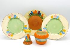 A Clarice Cliff Bizarre crocus design plate, 7in diameter, twinned with pepper pot & marmalade jar,