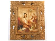 A 19thC. oil on oak panel depicting woman preparing game birds set within a gilt wood frame, Windsor