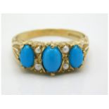 A 9ct gold ring set with turquoise & pearl style stones, 3.2g, size Q/R