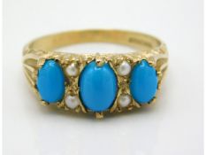 A 9ct gold ring set with turquoise & pearl style stones, 3.2g, size Q/R