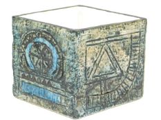 A Troika pottery cube by Linda Thomas, bought in 1970, 3.25in tall x 3.75in square, hairline to rim,
