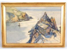 Robert Borlase Smart (1881-1947), a gilt framed watercolour of Polperro harbour entrance, some foxin