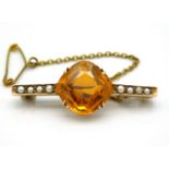 An antique rose gold bar brooch set with citrine & pearl, electronically tests as 9ct, 29mm wide, 5.