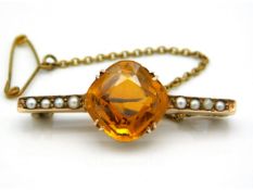 An antique rose gold bar brooch set with citrine & pearl, electronically tests as 9ct, 29mm wide, 5.