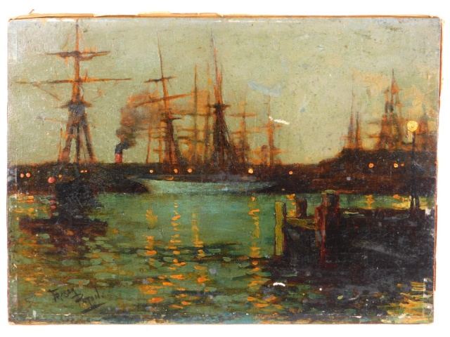 James Fraser Paton (1865-1928), oil on panel depicting sailboats moored at dock, 11.25in x 8in