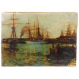 James Fraser Paton (1865-1928), oil on panel depicting sailboats moored at dock, 11.25in x 8in