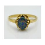 A 9ct gold ring set with black opal doublet, 2g, size P