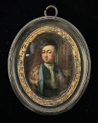 Samuel Scott (1702-1772), a miniature self portrait in oil, library as background, framed, in pencil