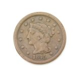 An 1845 USA one cent, 27.25mm diameter