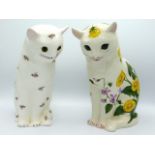 A Wemyss pottery cat with glass eyes, decorated with dandelions & violets, painted to base "Exon 267