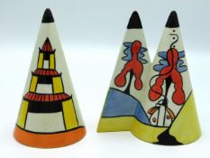 A Lorna Bailey "Pagoda" salt pot twinned with a conjoined "Inglewood" salt & pepper pot, 5.25in & 5.