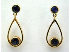 A pair of 14ct gold sapphire set drop earrings, 24mm drop, 3.2g