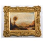 A 19thC. landscape oil on a George Rowney canvas, indistinctly titled to verso, set in gilt frame, i