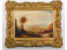 A 19thC. landscape oil on a George Rowney canvas, indistinctly titled to verso, set in gilt frame, i