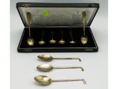 A cased set of six silver spoons, cased bearing plaque Tingri Meet 1968 (golf), twinned with three n