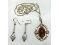A silver chain & pendant set with agate & moonstone twinned with matching moonstone earrings of art